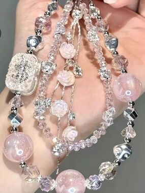 Rose Crystal Beaded in Soft Pink,Camera,Phone Or Wallet Chain Wrist strap